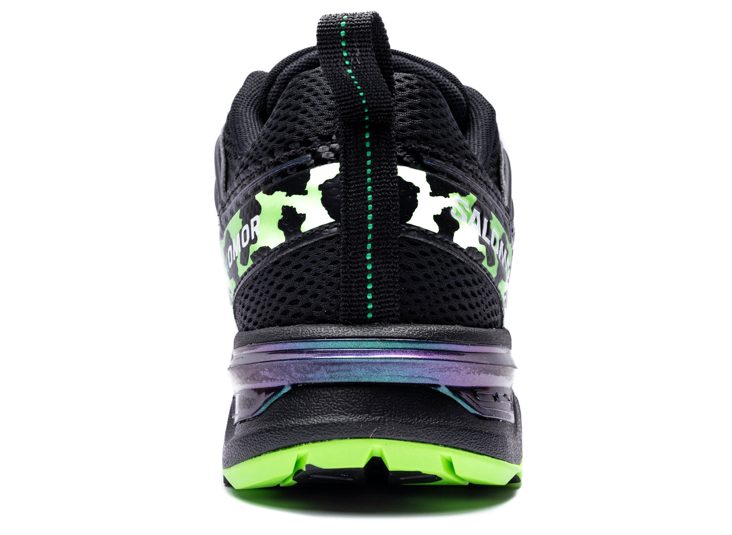 Salomon x Feid ACS NEXXT The Green Star in Black / Bright Green / Green Gecko, heel view