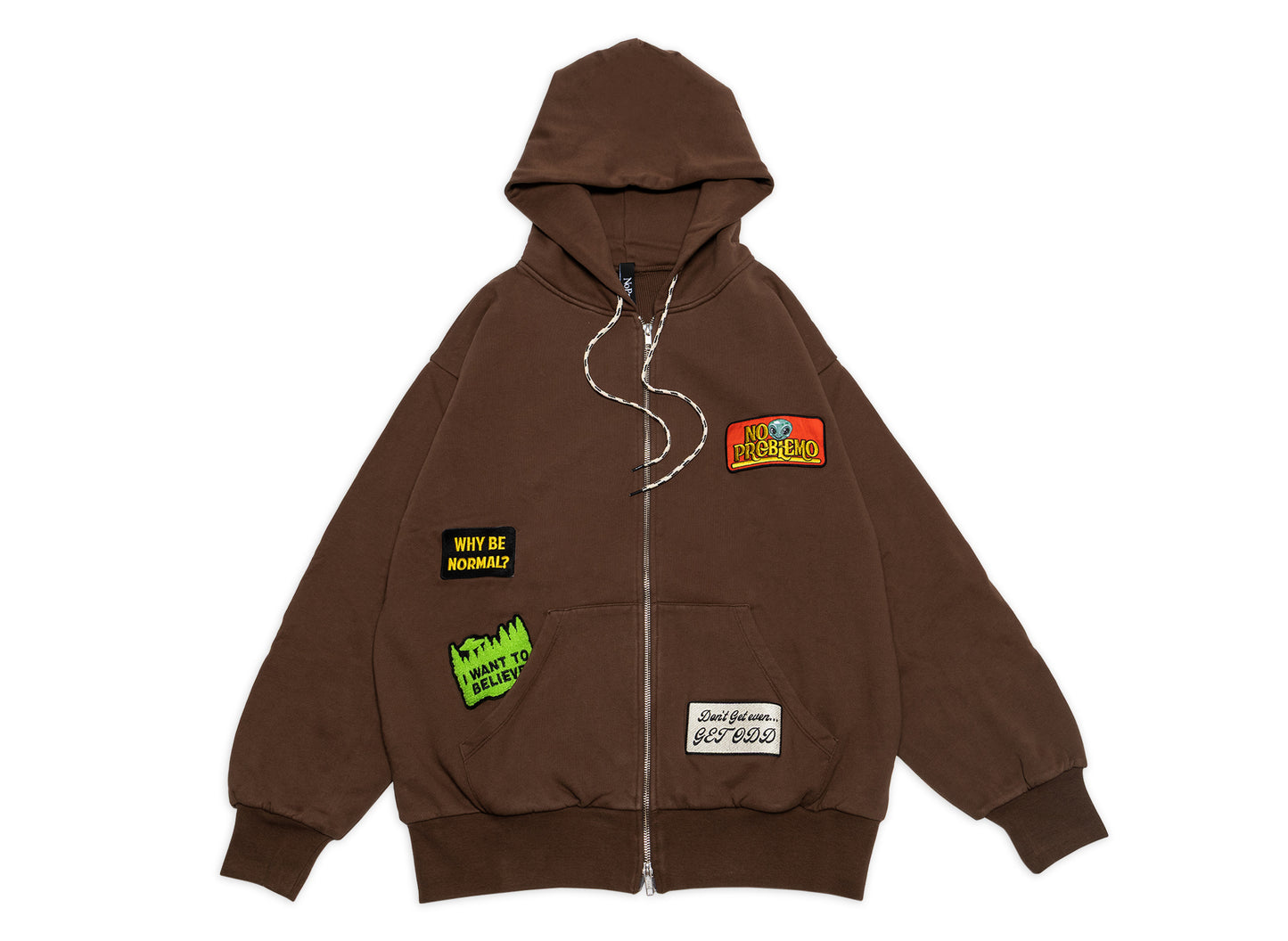 No Problemo Sticker Zip Thru Hoodie in Brown