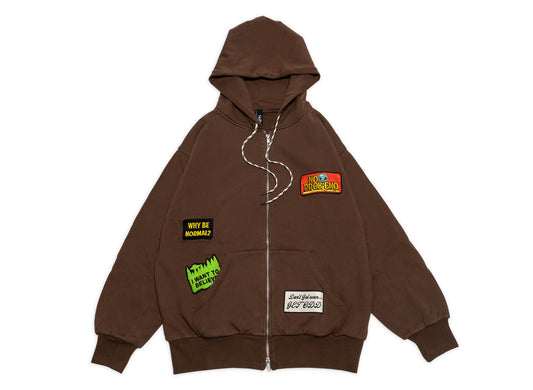 No Problemo Sticker Zip Thru Hoodie in Brown