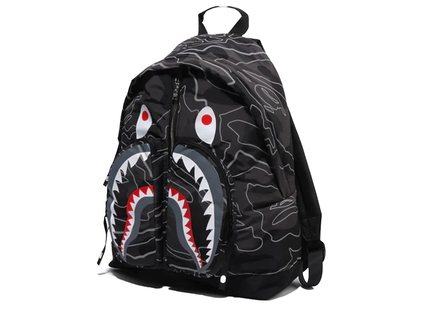 A Bathing Ape Layered Line Camo Shark Day Pack in Black xld