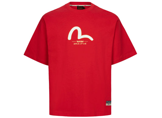 Evisu Daicock and Gold Kamon Print Relax Fit T-Shirt in Red xld