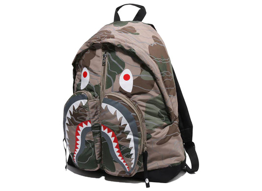 A Bathing Ape Layered Line Camo Shark Day Pack in Beige xld