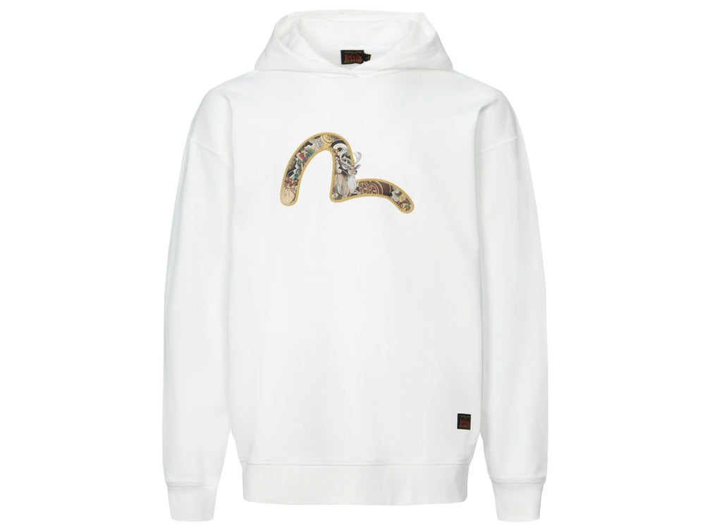 Evisu Deer & Treasure Pattern Seagull Print Loose Fit Hoodie in White