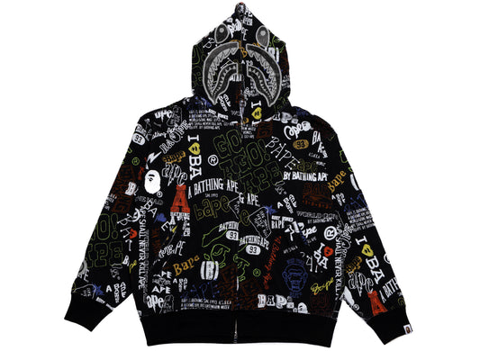 A Bathing Ape Hand Drawn Pattern Shark Zip Hoodie in Black
