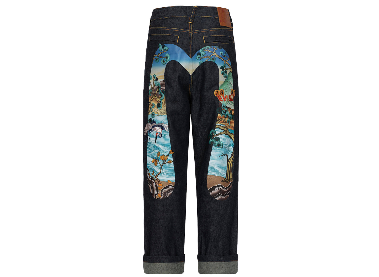 Jean en denim à jambe large brodé Evisu motif pin Daicock