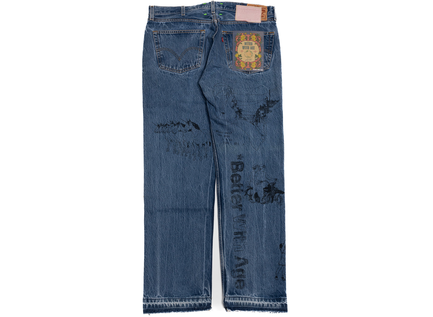 Better With Age Gene Denim in blue, a handmade one-of-one pair of men's jeans, view 3