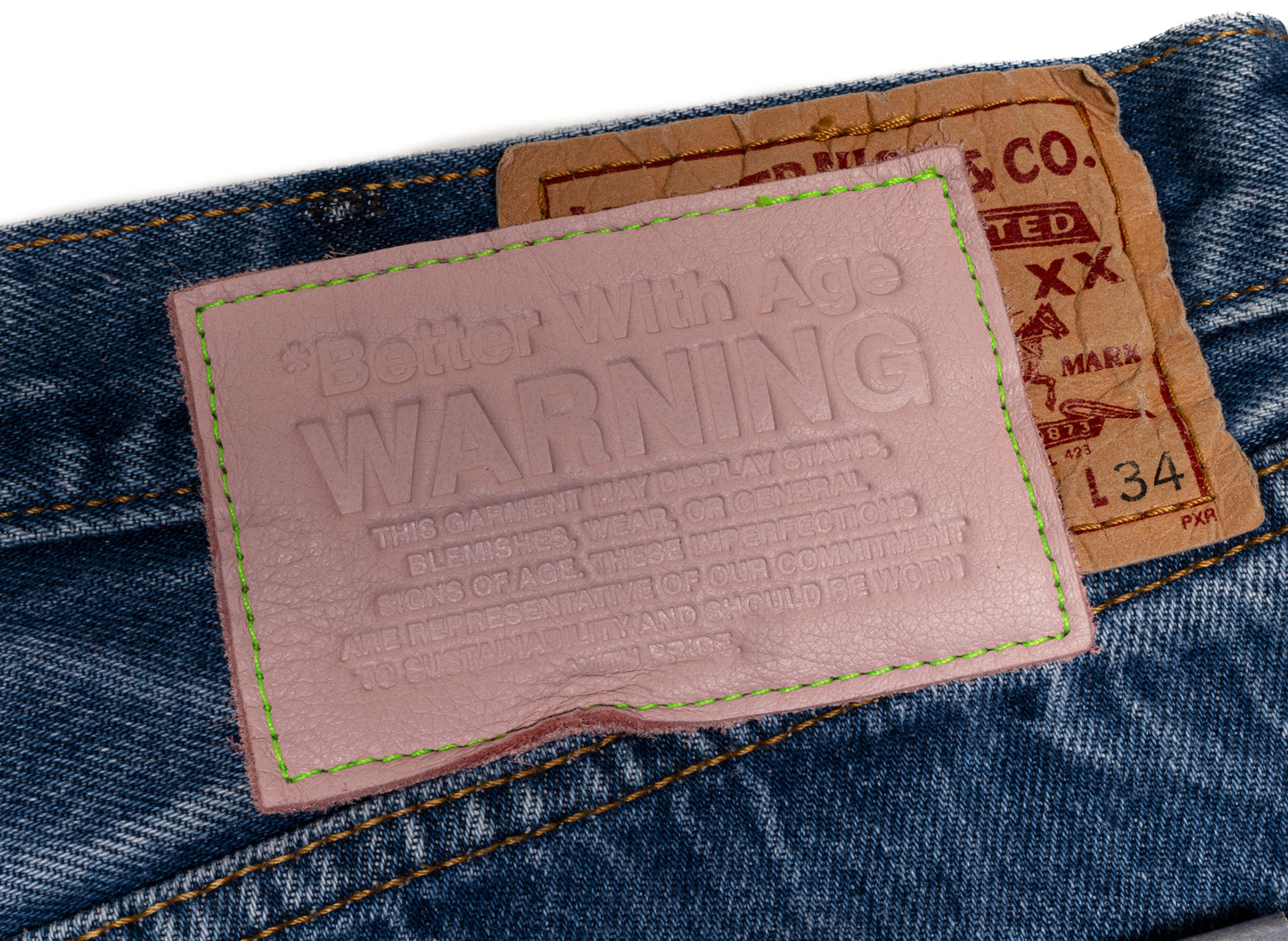 Better With Age Gene Denim in blue, a handmade one-of-one pair of men's jeans, view 4