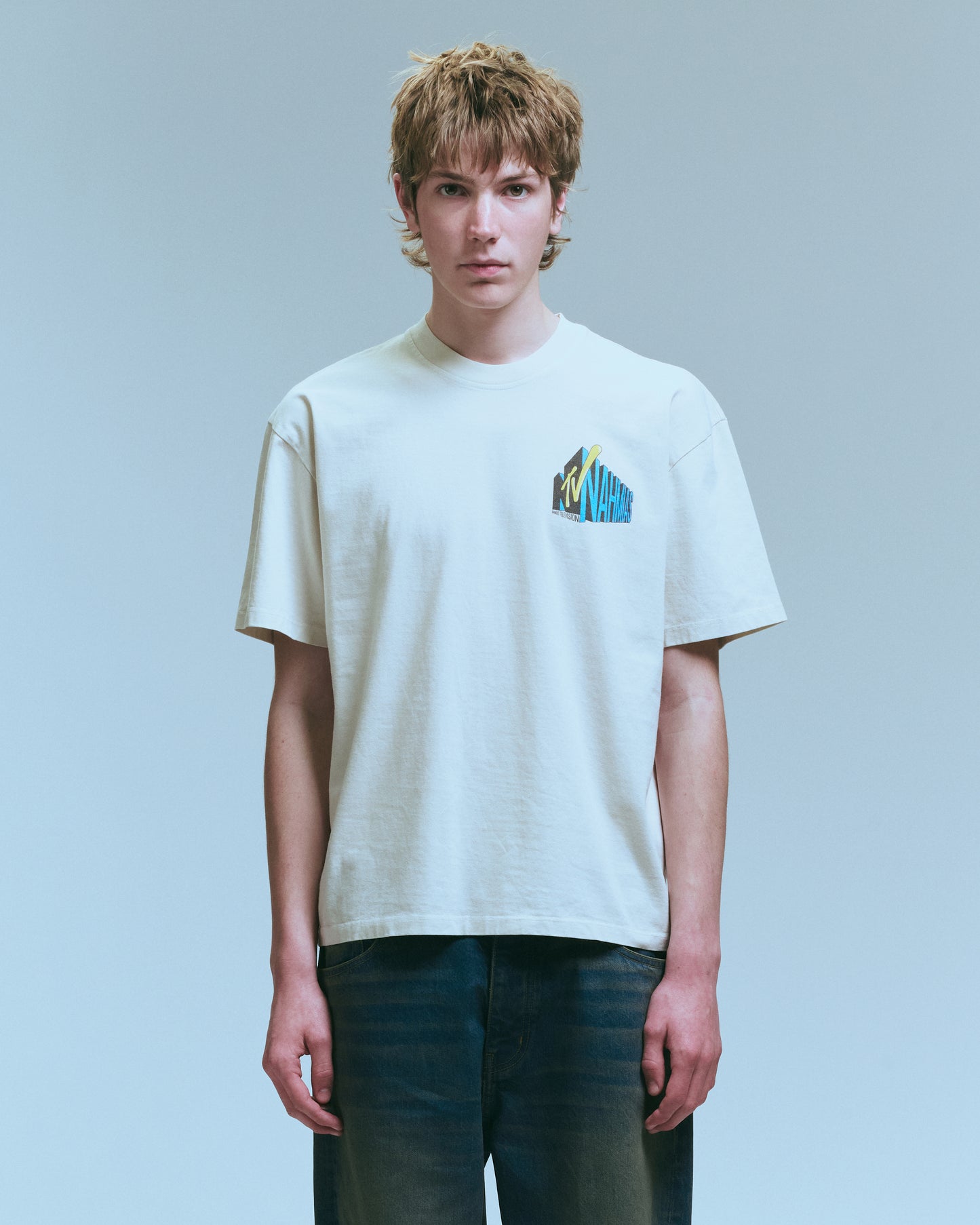 Nahmias TV Boxy Tee in Egg White, men's boxy t-shirt in egg white, view 3