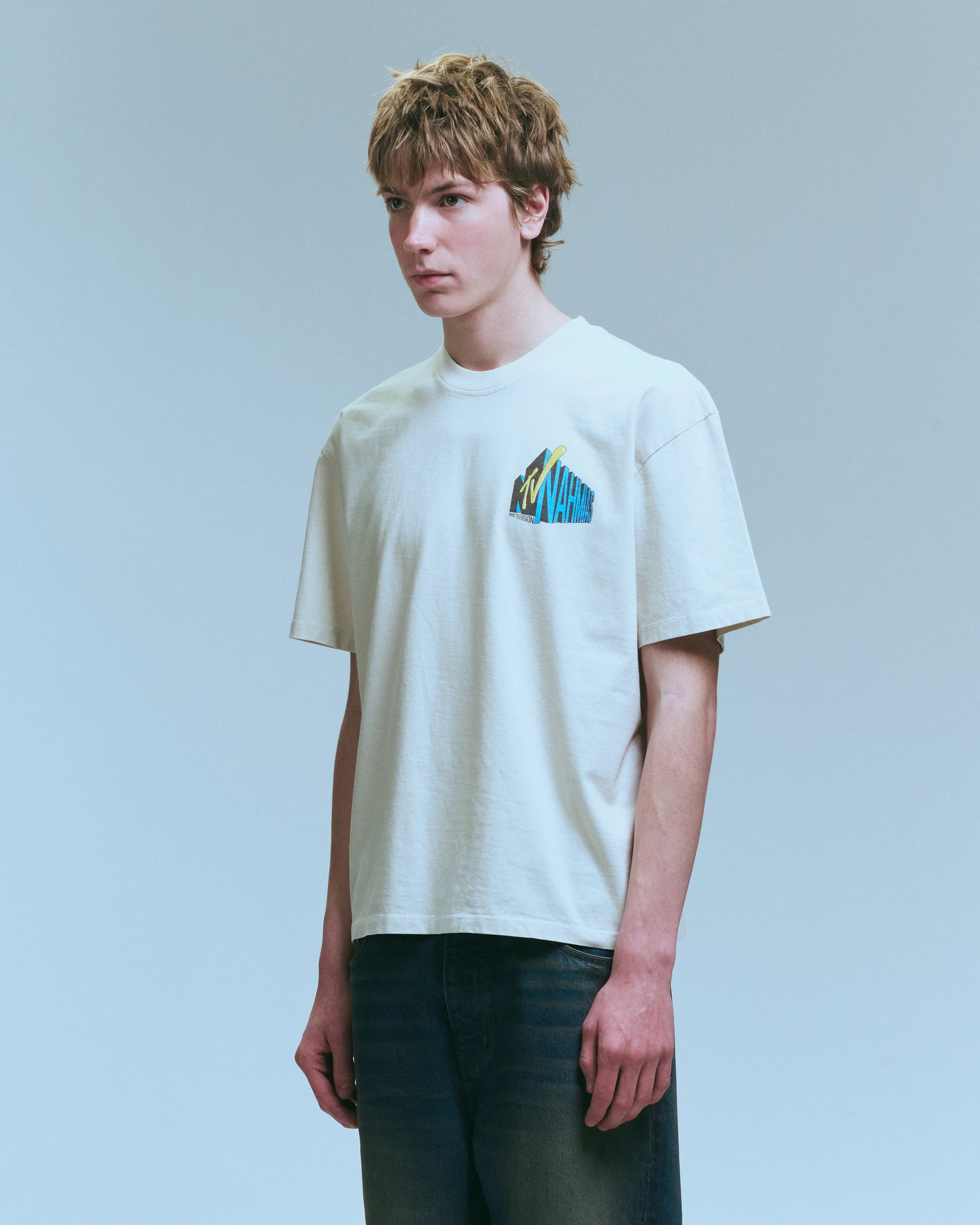 Nahmias TV Boxy Tee in Egg White, men's boxy t-shirt in egg white, view 4