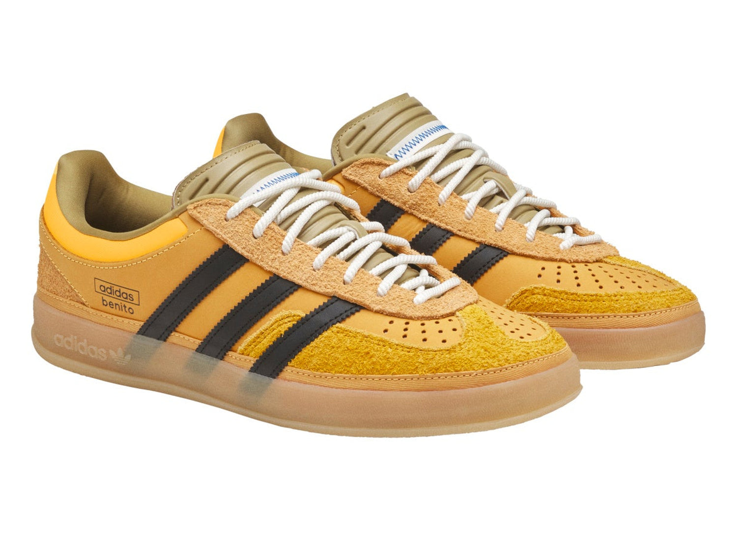 adidas x Bad Bunny Gazelle Indoor in Solar Gold / Core Black / Gum, front angle view