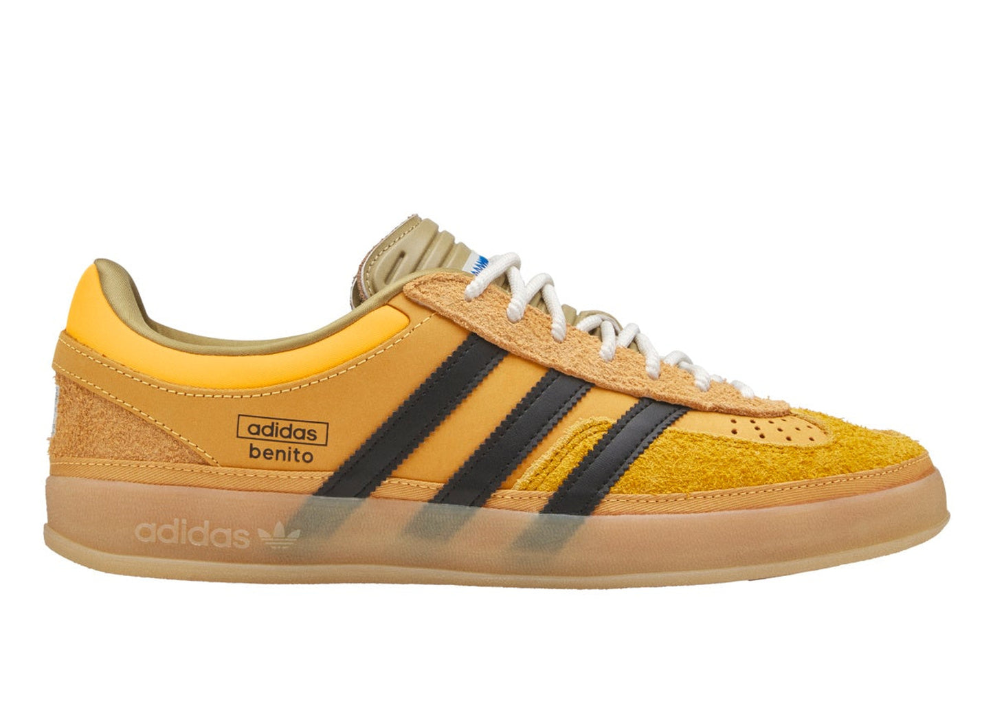 adidas x Bad Bunny Gazelle Indoor in Solar Gold / Core Black / Gum, right side angle view