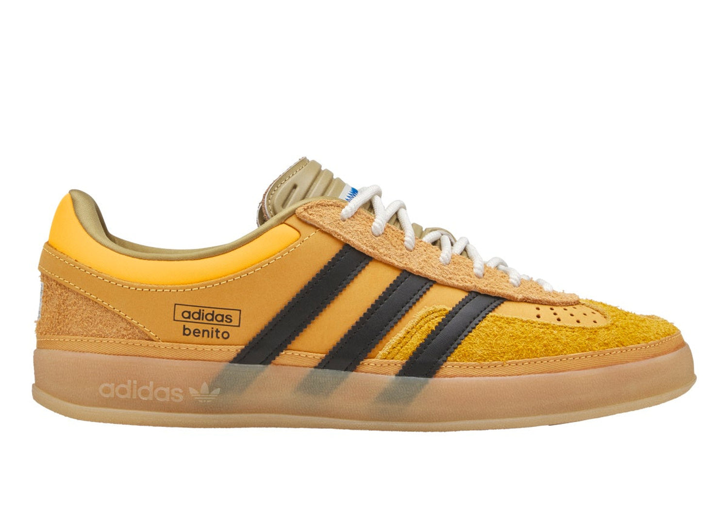 adidas x Bad Bunny Gazelle Indoor in Solar Gold / Core Black / Gum, right side angle view