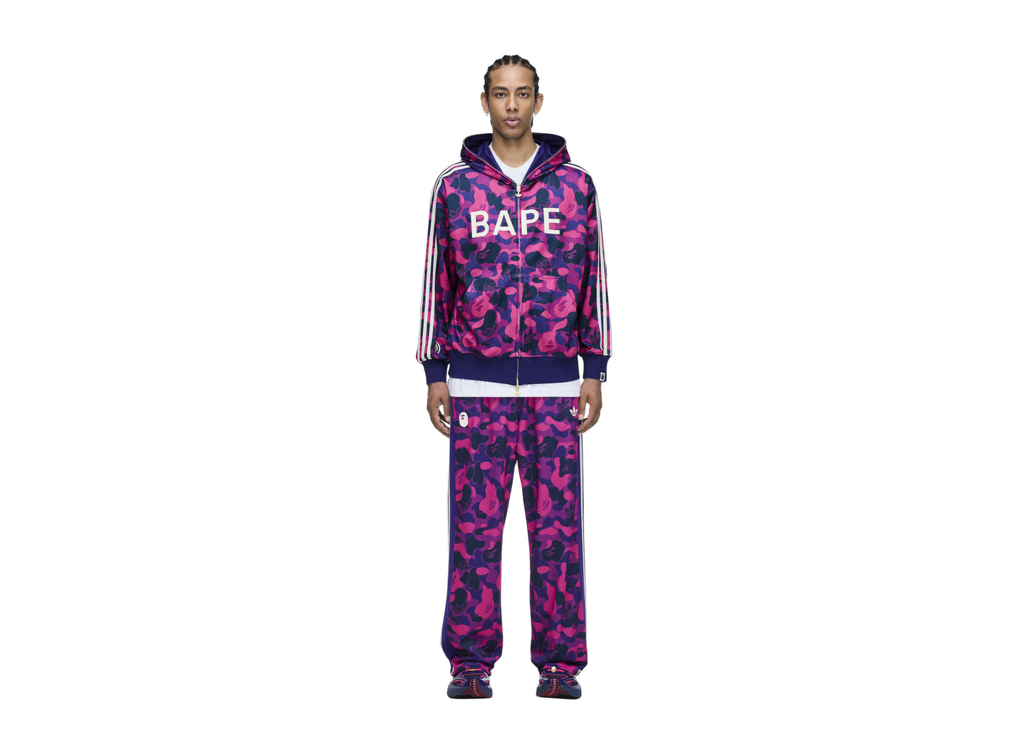 Adidas x BAPE Reversible Adibreak Pants in Collegiate Purple — on model front view