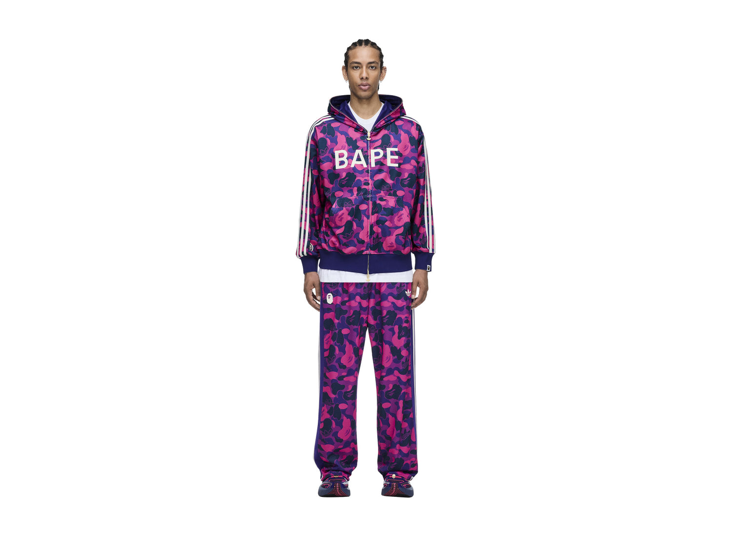 Adidas x BAPE Reversible Adibreak Pants in Collegiate Purple — on model front view