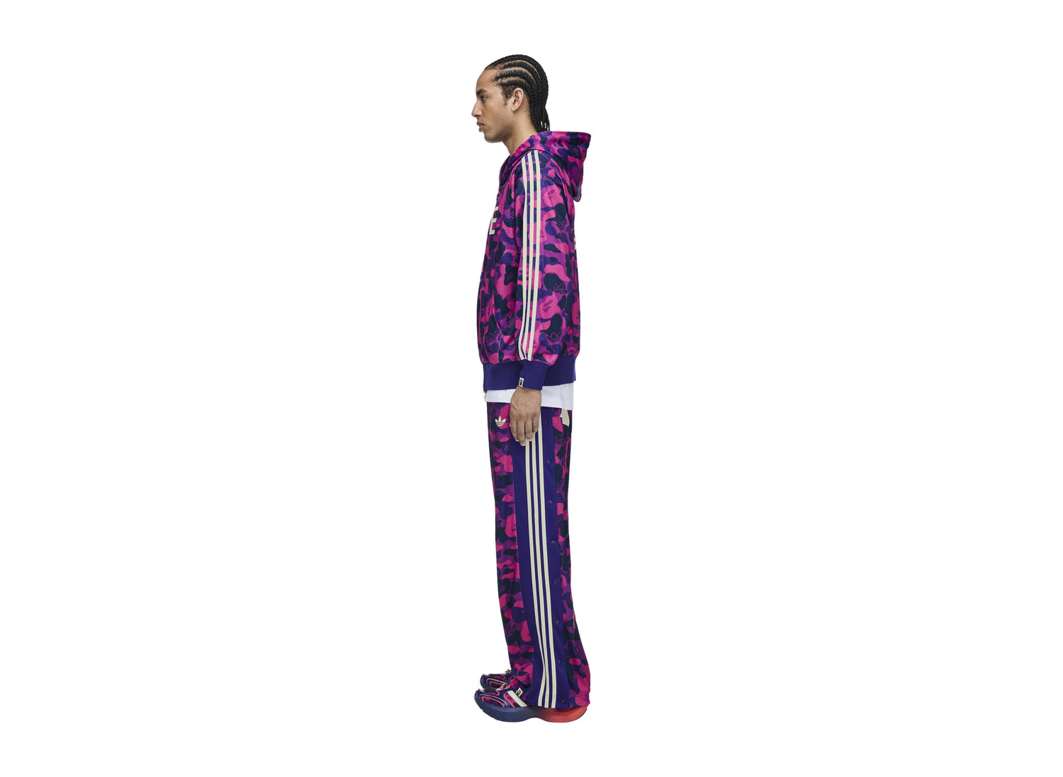 Adidas x BAPE Reversible Adibreak Pants in Collegiate Purple — on model side view