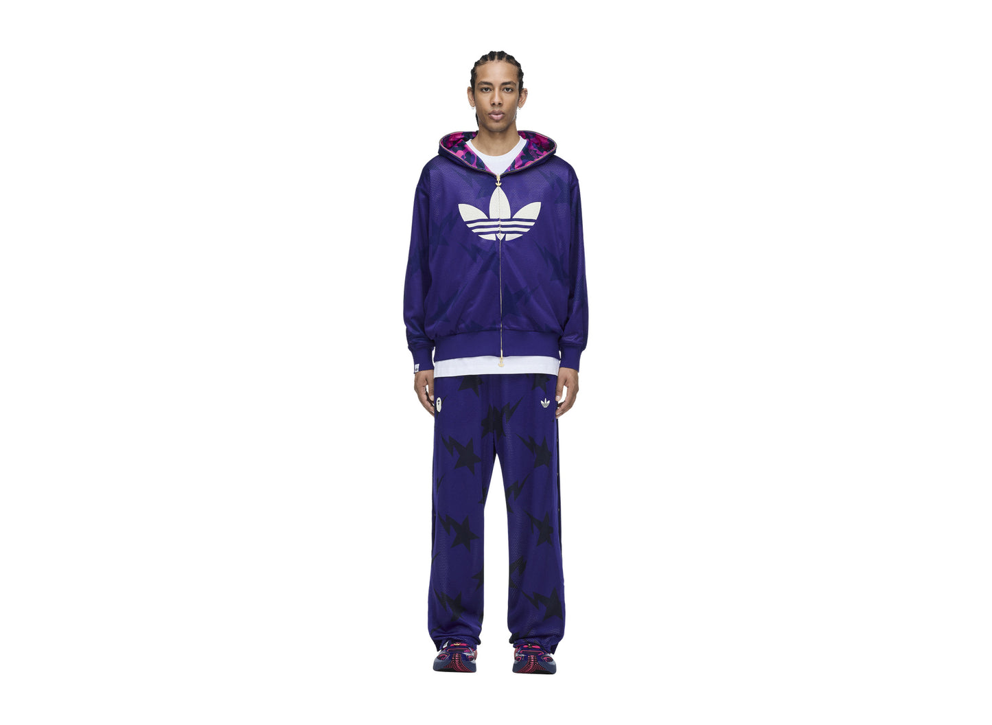 Adidas x BAPE Reversible Adibreak Pants in Collegiate Purple — on model reverse view