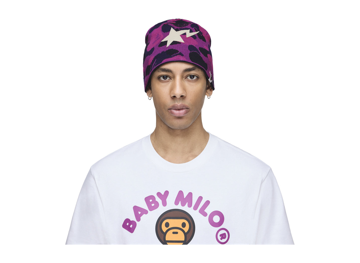 Adidas x BAPE Reversible Beanie in Collegiate Purple — on model front view