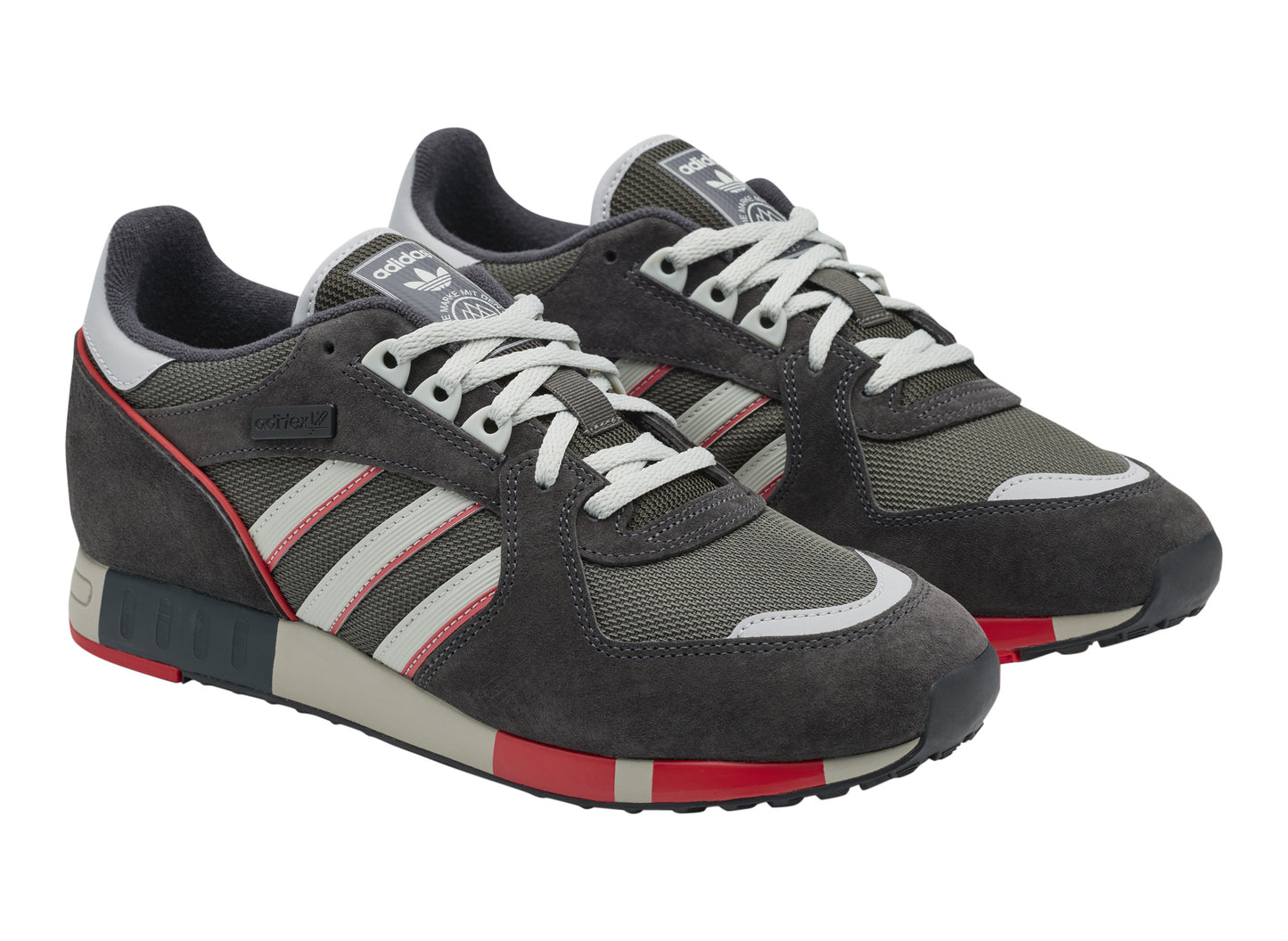 Adidas Boston II Outdoor SPZL in Utility Black / Wonder White — pair three quarter view