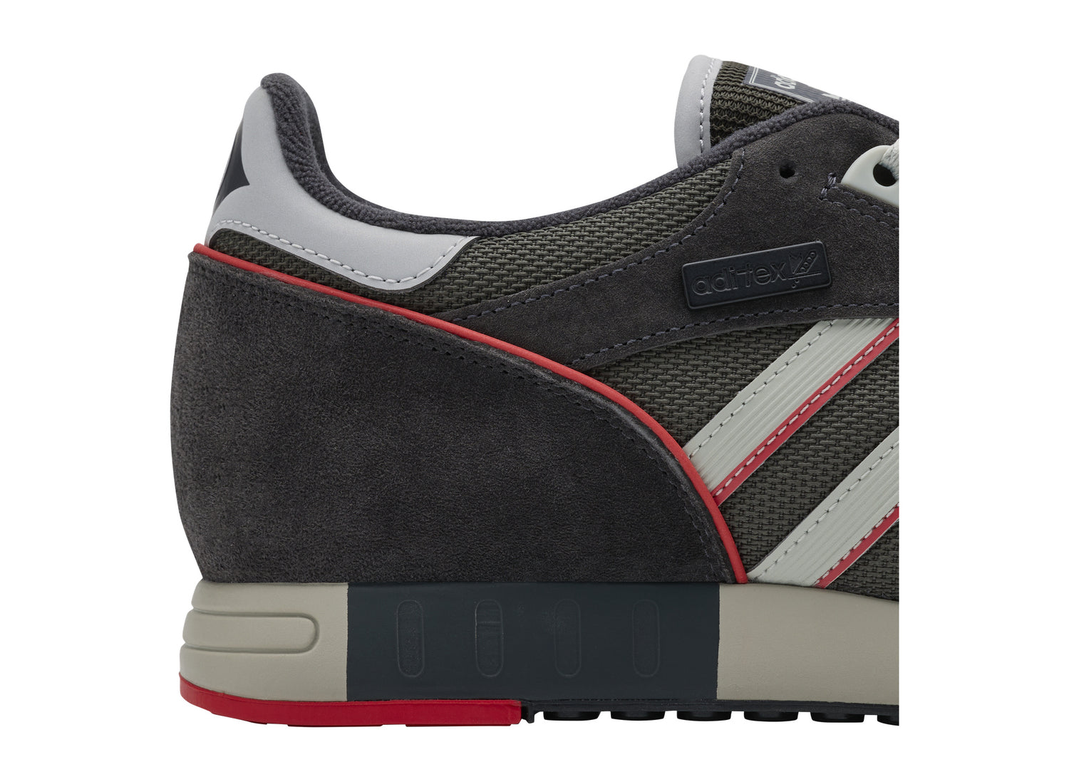 Adidas Boston II Outdoor SPZL in Utility Black / Wonder White — heel detail view