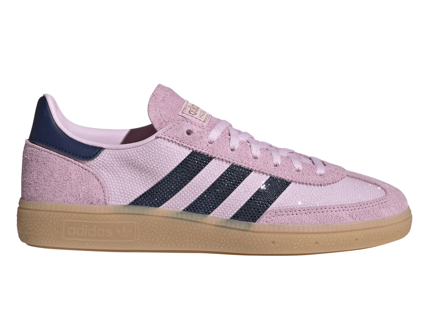 Women's Adidas Handball Spezial Rhinestone in Orchid Fusion / Dark Blue / Gold Metallic, right facing side