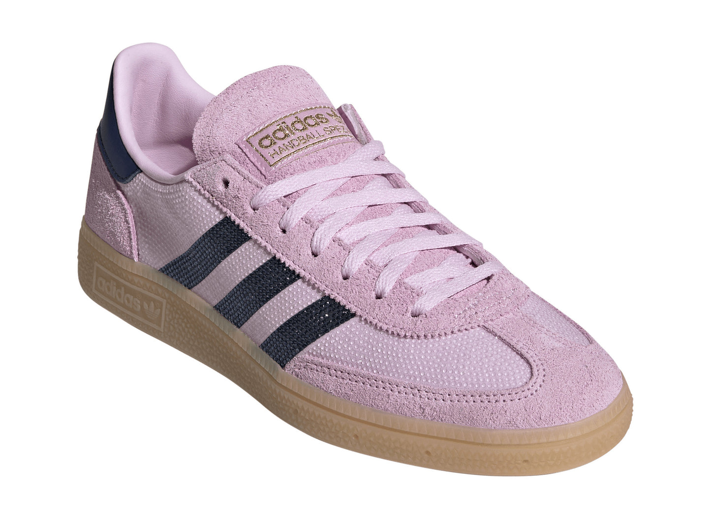 Women's Adidas Handball Spezial Rhinestone in Orchid Fusion / Dark Blue / Gold Metallic, front lateral top