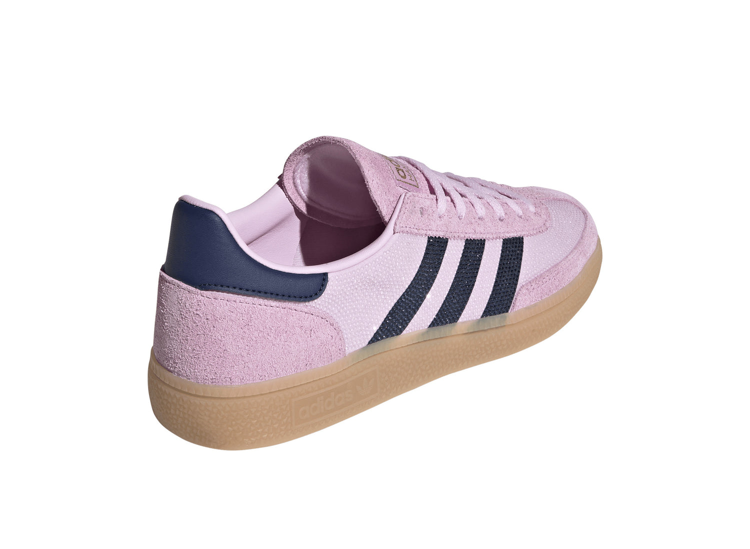 Women's Adidas Handball Spezial Rhinestone in Orchid Fusion / Dark Blue / Gold Metallic, rear