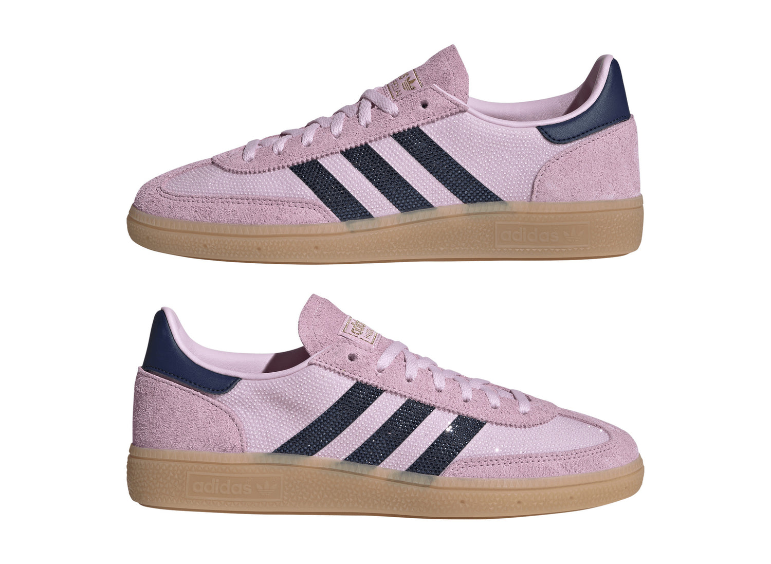 Women's Adidas Handball Spezial Rhinestone in Orchid Fusion / Dark Blue / Gold Metallic, mirrored pair
