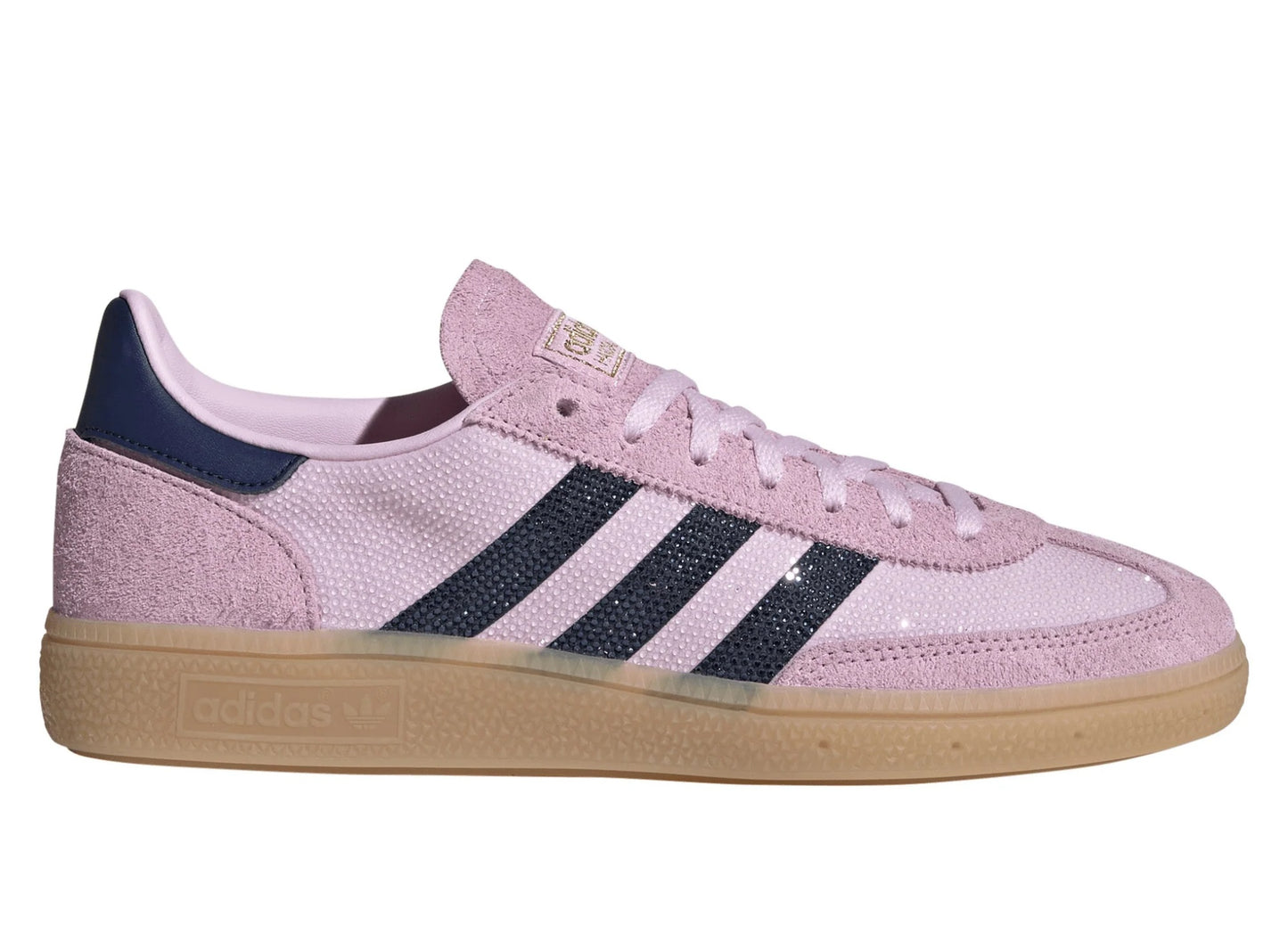 Women's Adidas Handball Spezial Rhinestone in Orchid Fusion / Dark Blue / Gold Metallic, right facing side