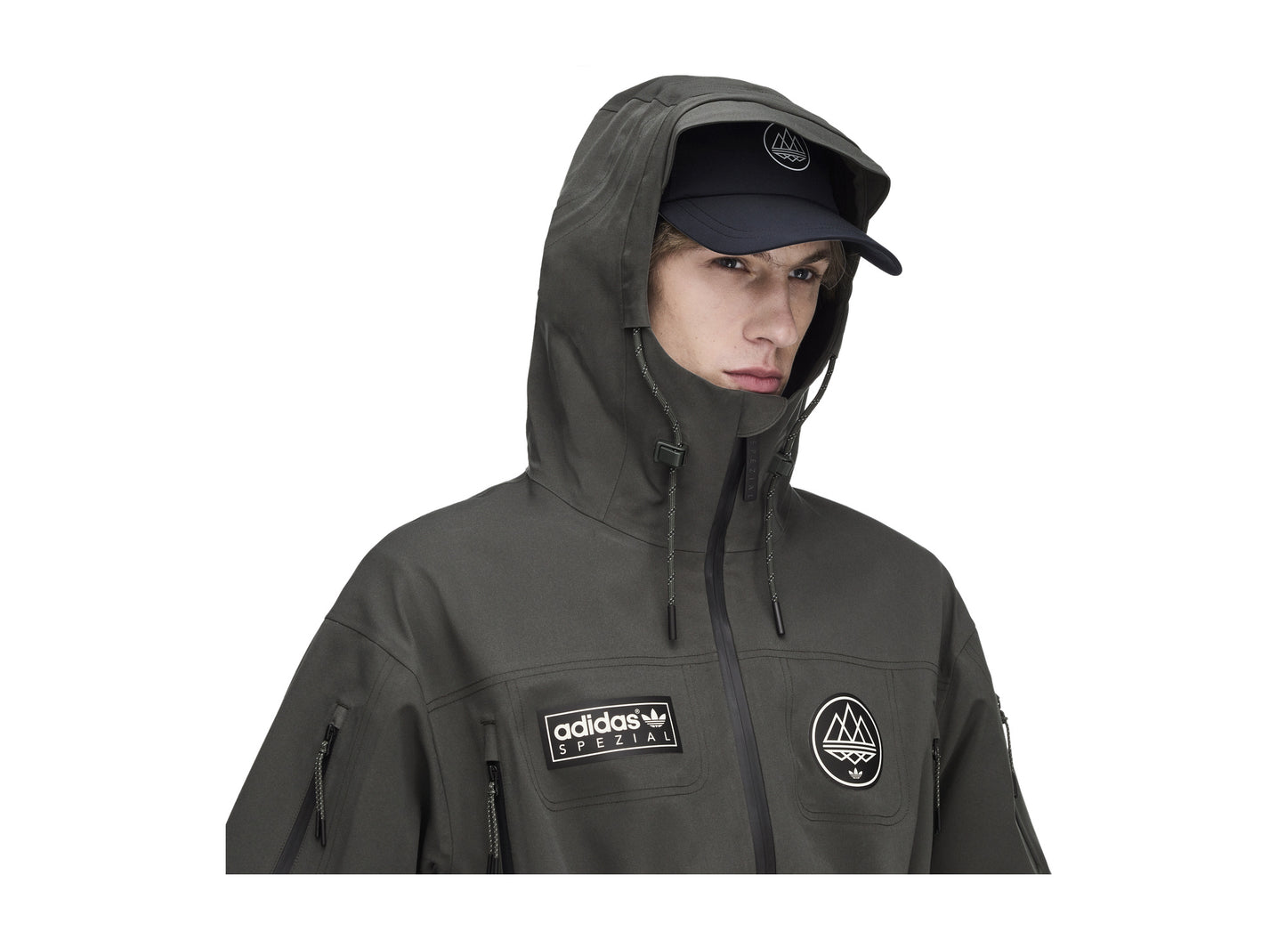 Adidas Springvale SPZL Parka in Legend Earth — hood detail view