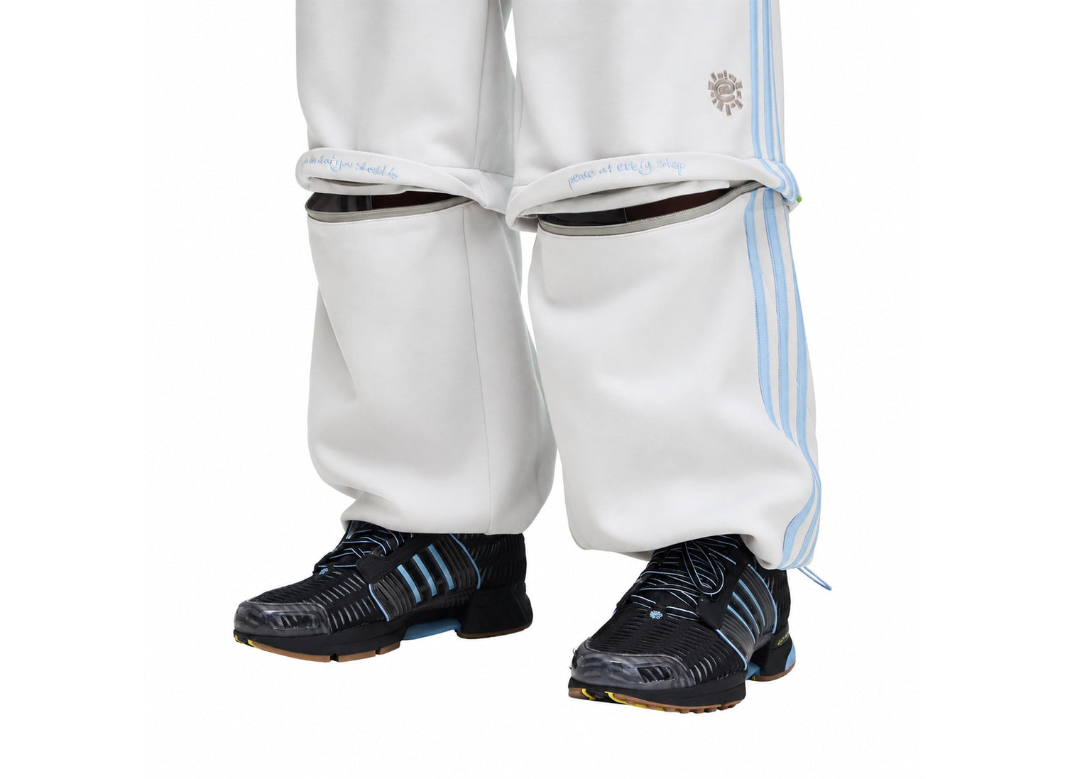 Adidas x Always Do What You Should Do Spacer Teamgeist Open Hem Pants in Light Solid Grey — zip off leg detail view