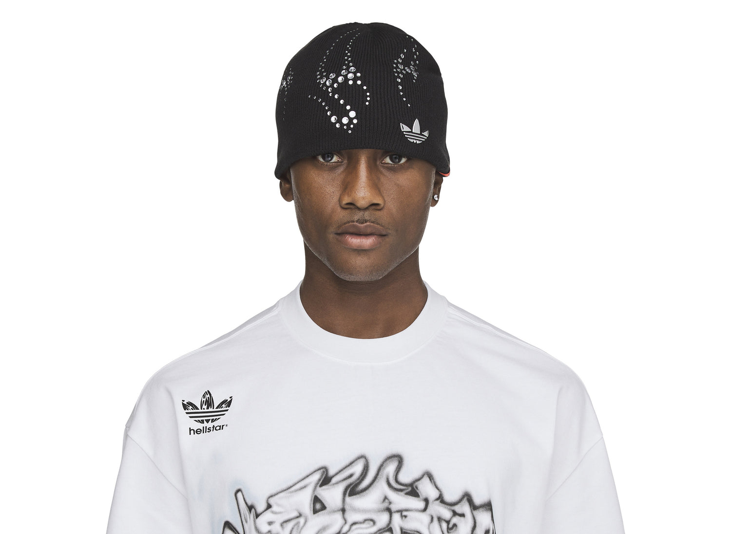 Adidas x Hellstar Beanie in Black, on model standard extra