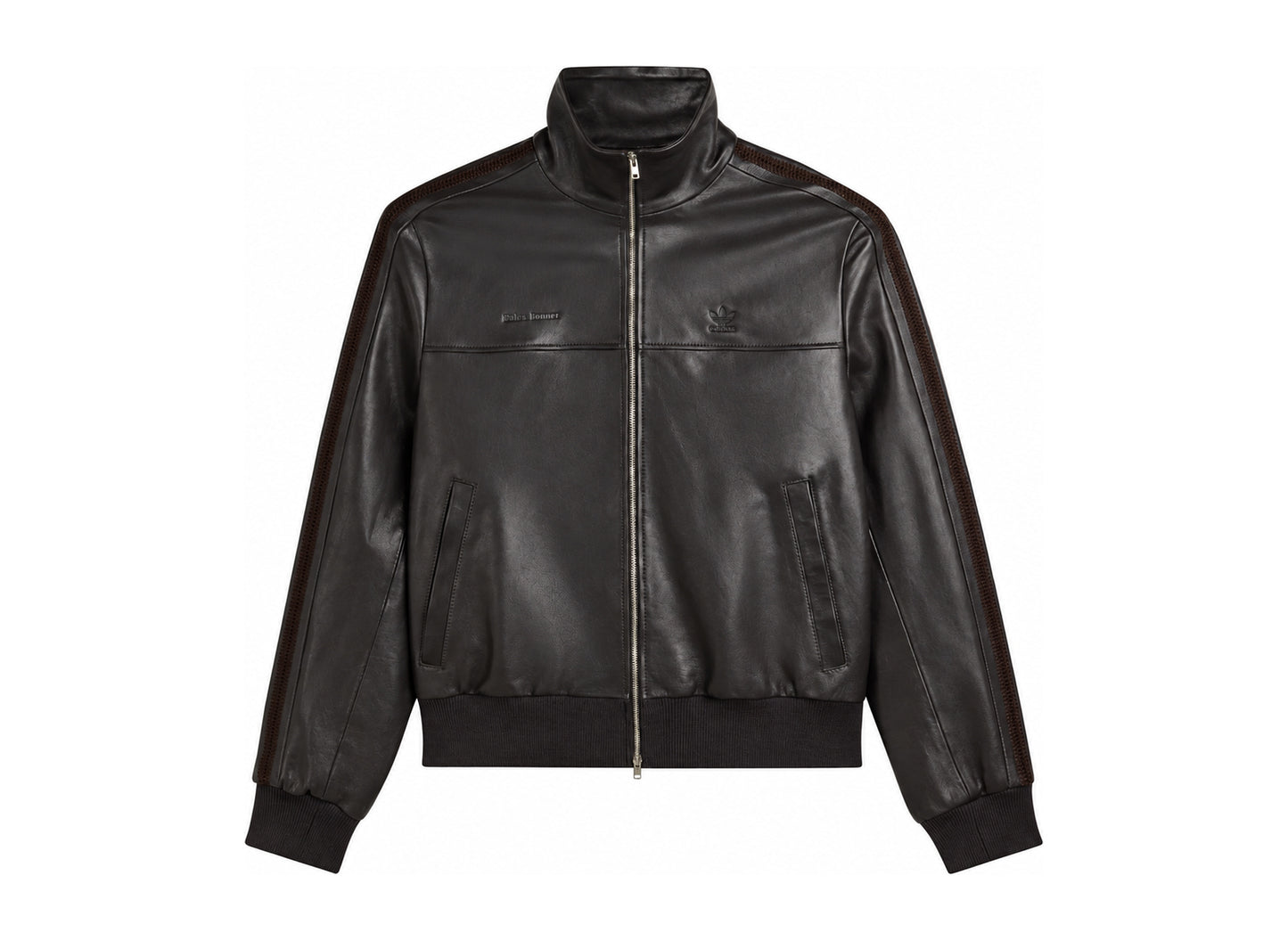 Adidas x Wales Bonner Football Leather Jacket in Night Brown — front view