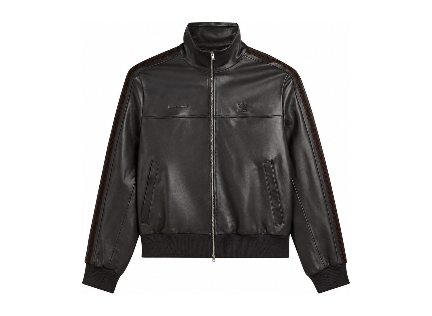 Adidas x Wales Bonner Football Leather Jacket in Night Brown — front view
