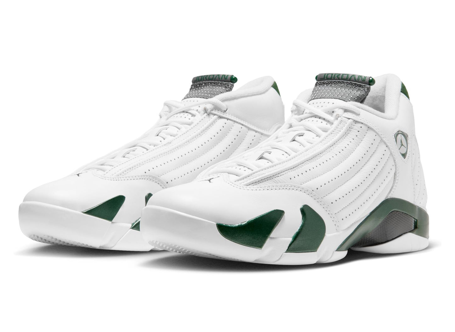 Air Jordan 14 Retro Forest Green in Gorge Green / Light Graphite / White — Front three-quarter view