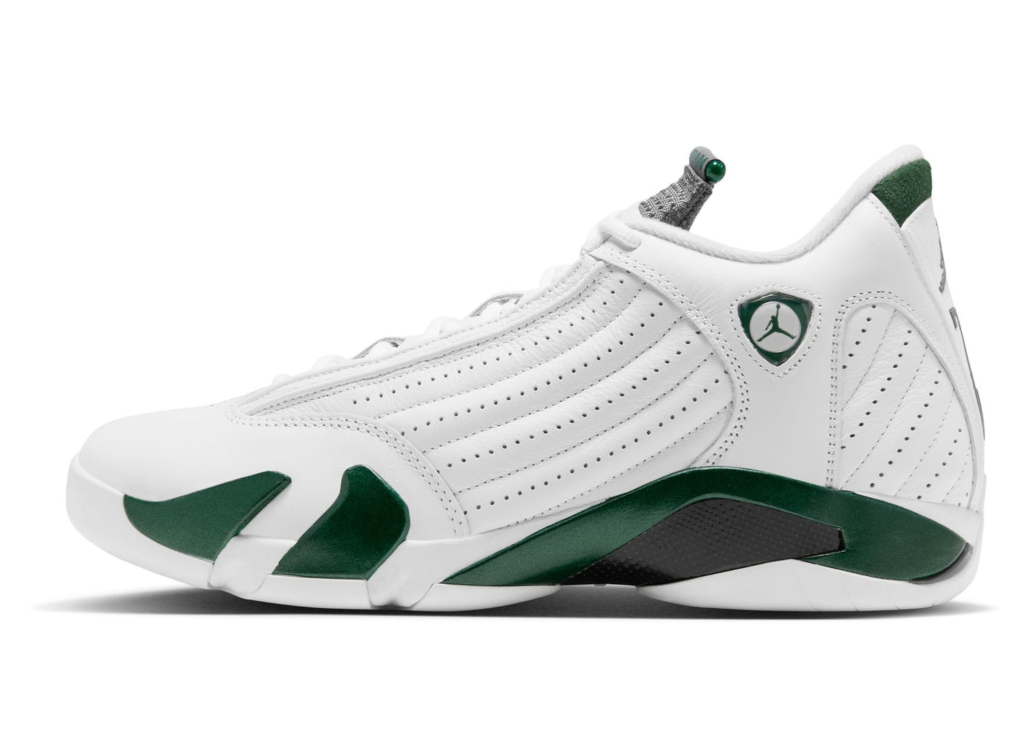 Air Jordan 14 Retro Forest Green in Gorge Green / Light Graphite / White — Lateral view, shoe facing left