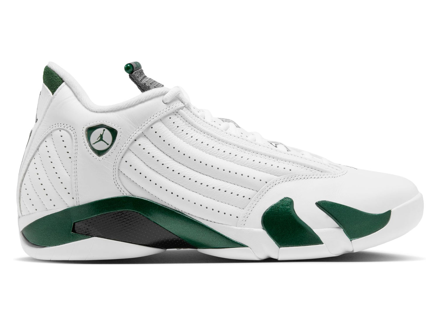 Air Jordan 14 Retro Forest Green in Gorge Green / Light Graphite / White — Lateral view, shoe facing right