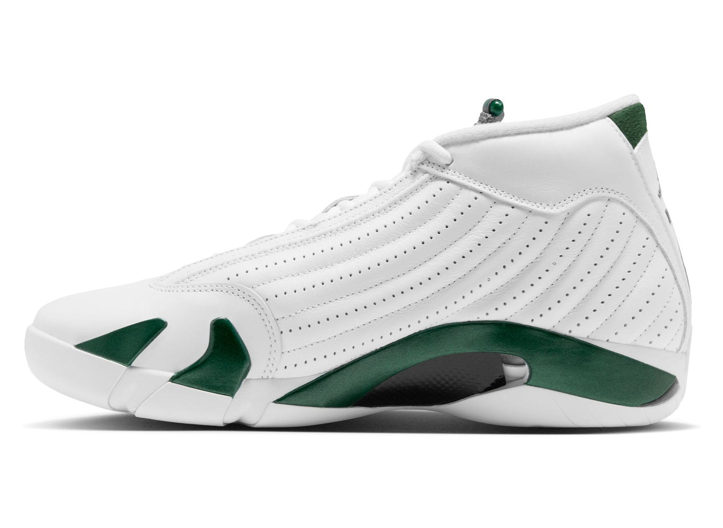 Air Jordan 14 Retro Forest Green in Gorge Green / Light Graphite / White — Medial view, shoe facing left