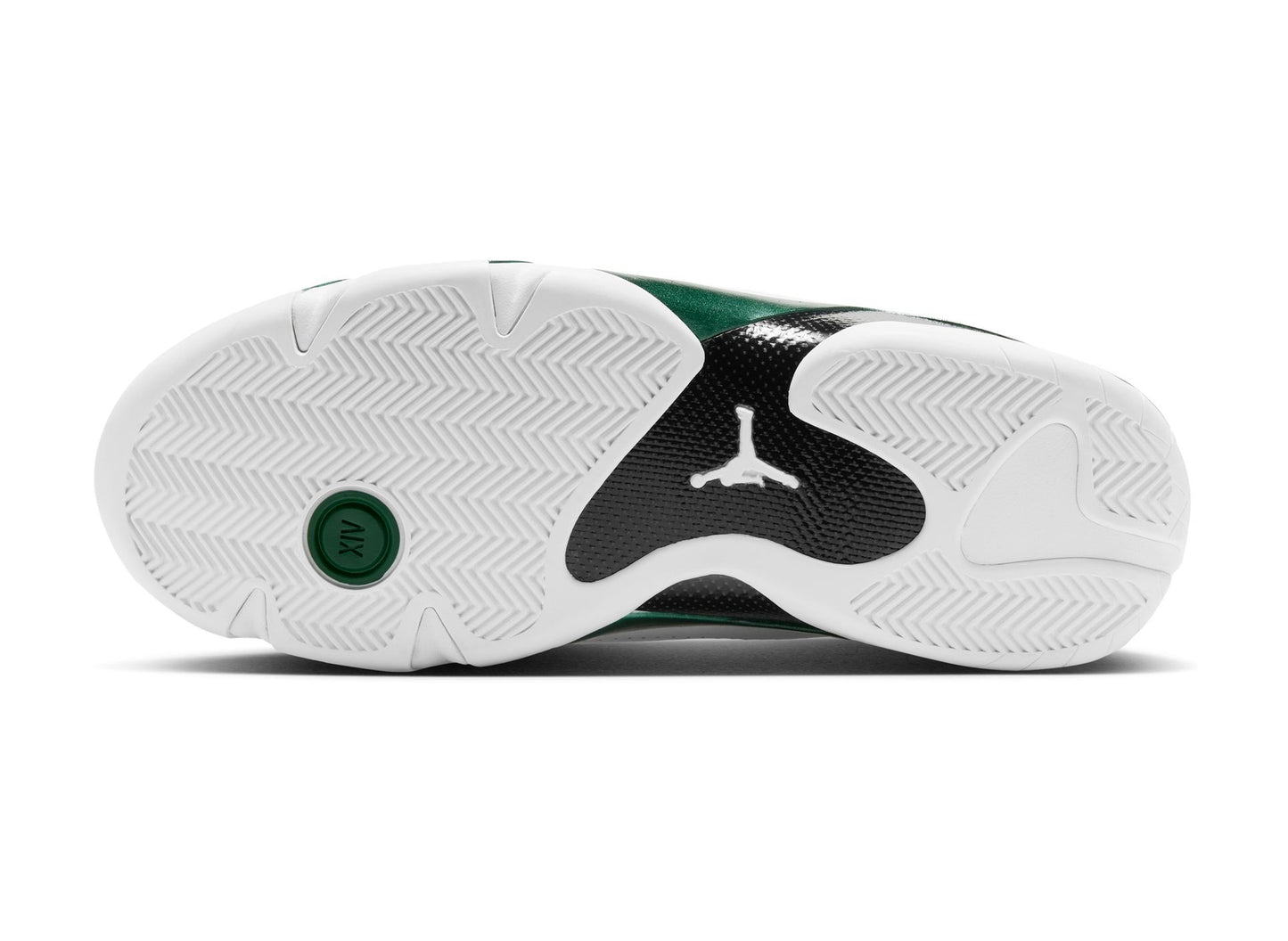 Air Jordan 14 Retro Forest Green in Gorge Green / Light Graphite / White — Outsole view