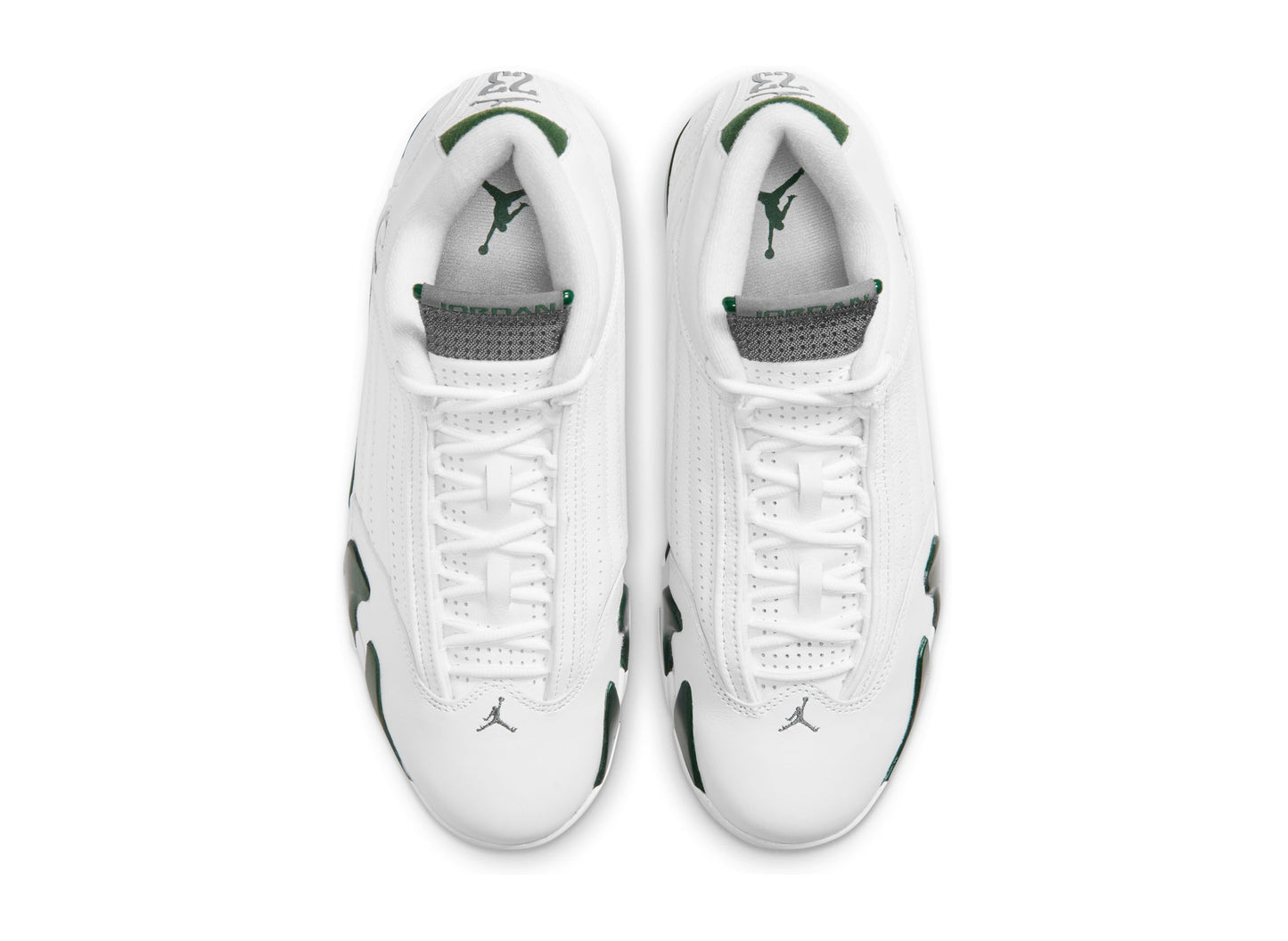Air Jordan 14 Retro Forest Green in Gorge Green / Light Graphite / White — Top view of both shoes