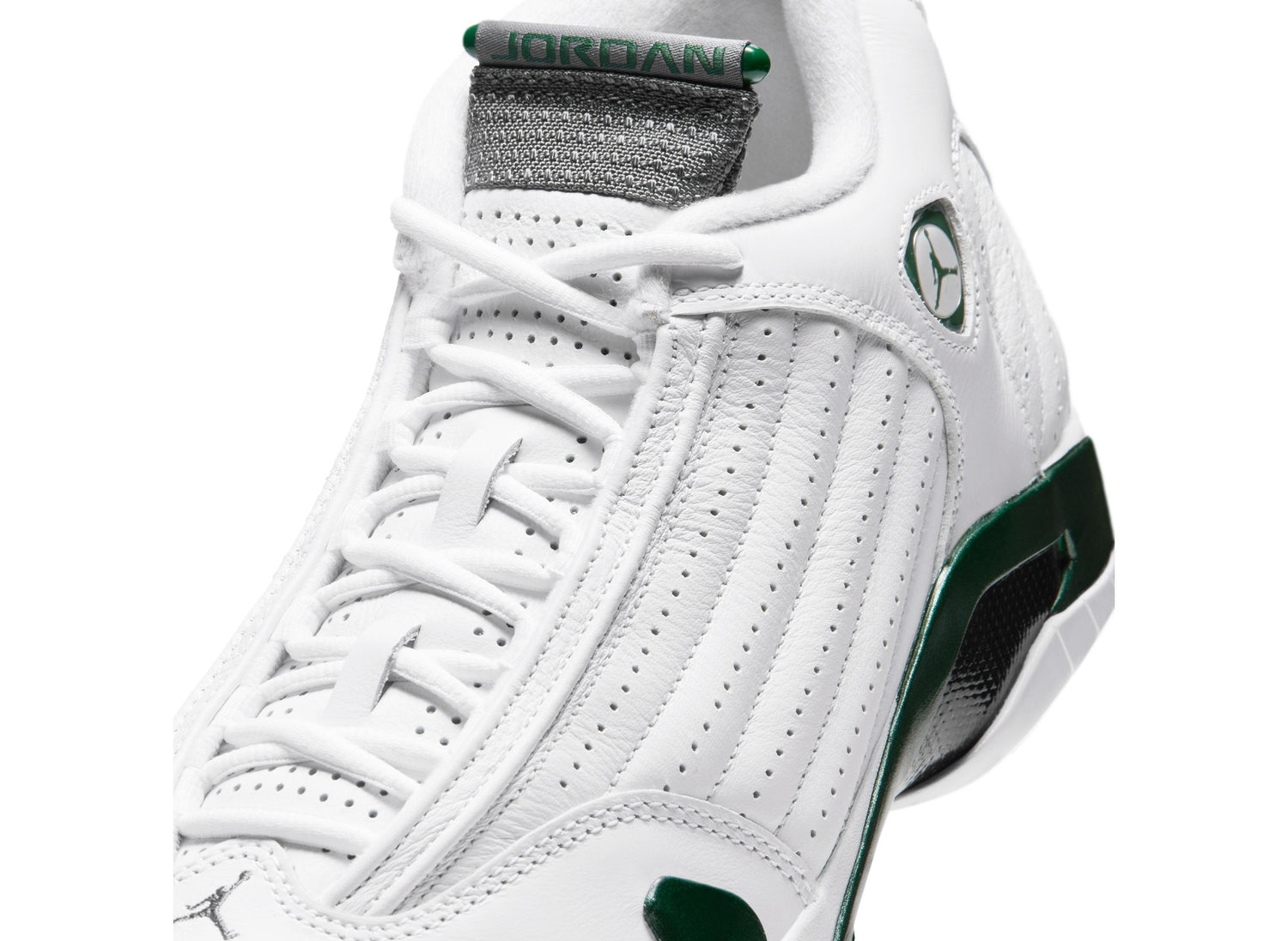 Air Jordan 14 Retro Forest Green in Gorge Green / Light Graphite / White — Laces and upper detail