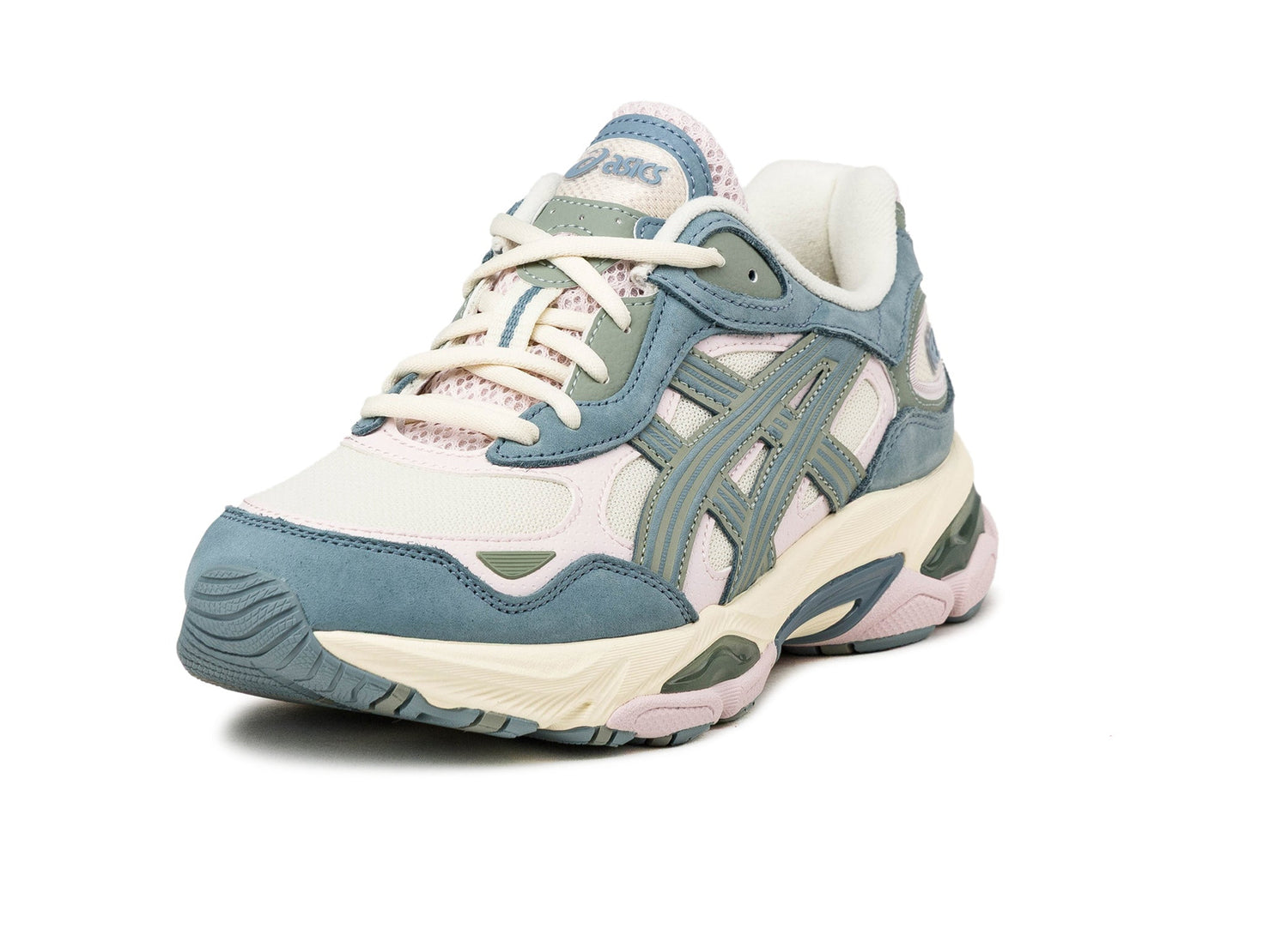 Asics Gel-NYC 2.0 in Ivory / Slate Blue, front quarter view.