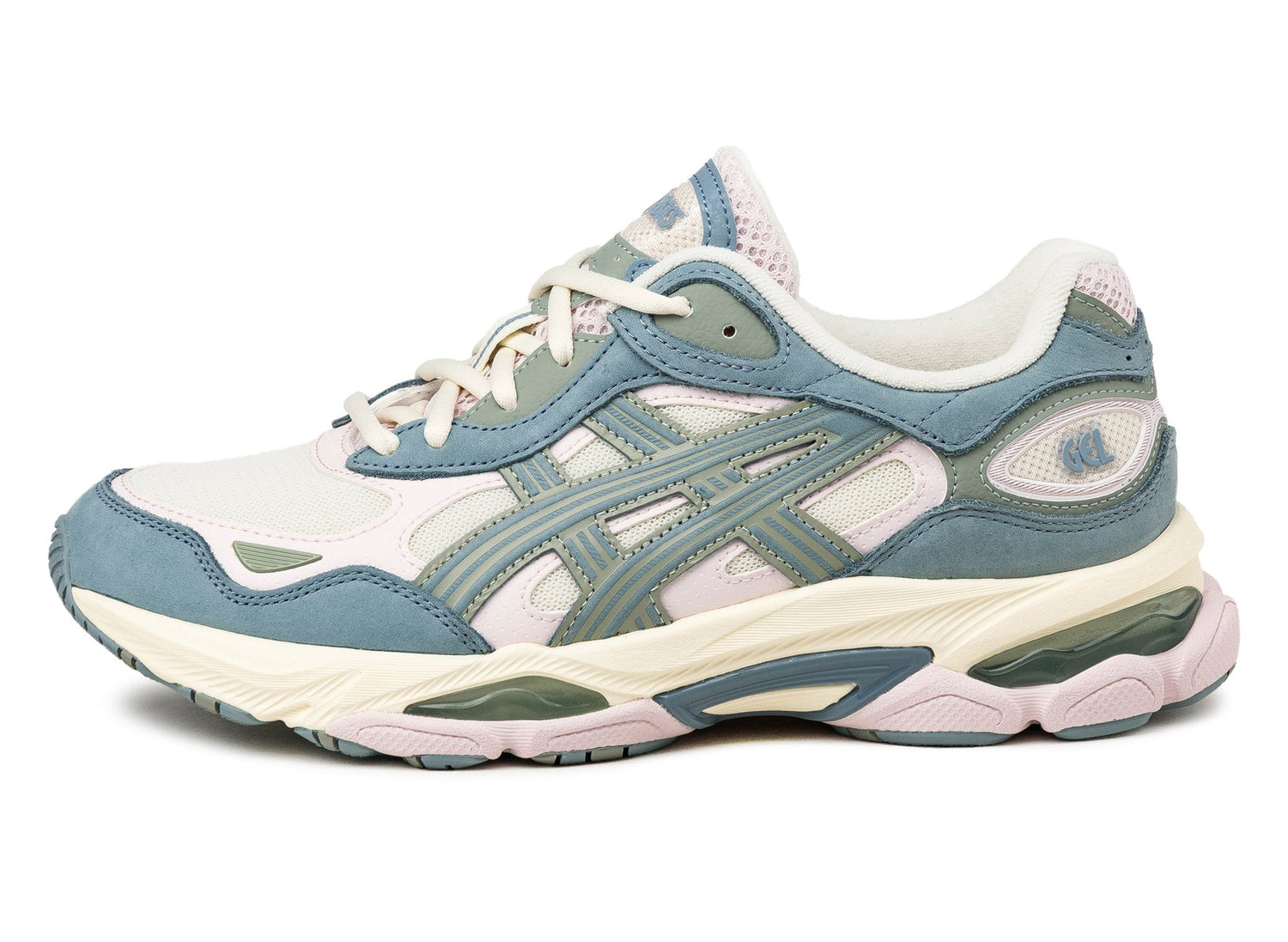 Asics Gel-NYC 2.0 in Ivory / Slate Blue, left facing side view.