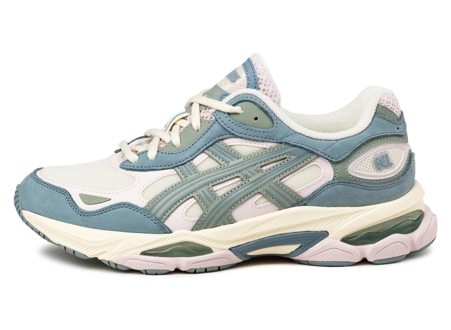 Asics Gel-NYC 2.0 in Ivory / Slate Blue, left facing side view.