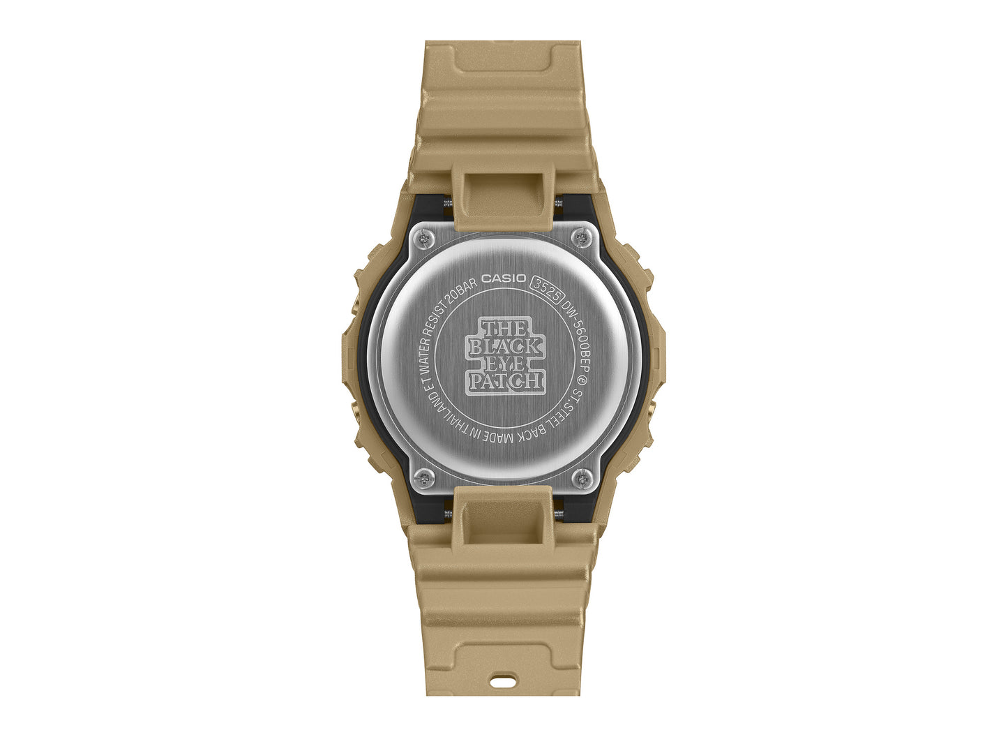 Casio G-Shock x BlackEyePatch DW5600BEP-9 in Gold / Black — engraved case back