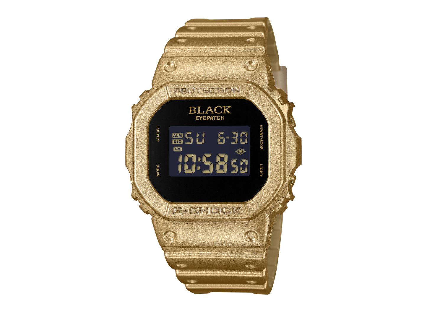 Casio G-Shock x BlackEyePatch DW5600BEP-9 in Gold / Black — front view