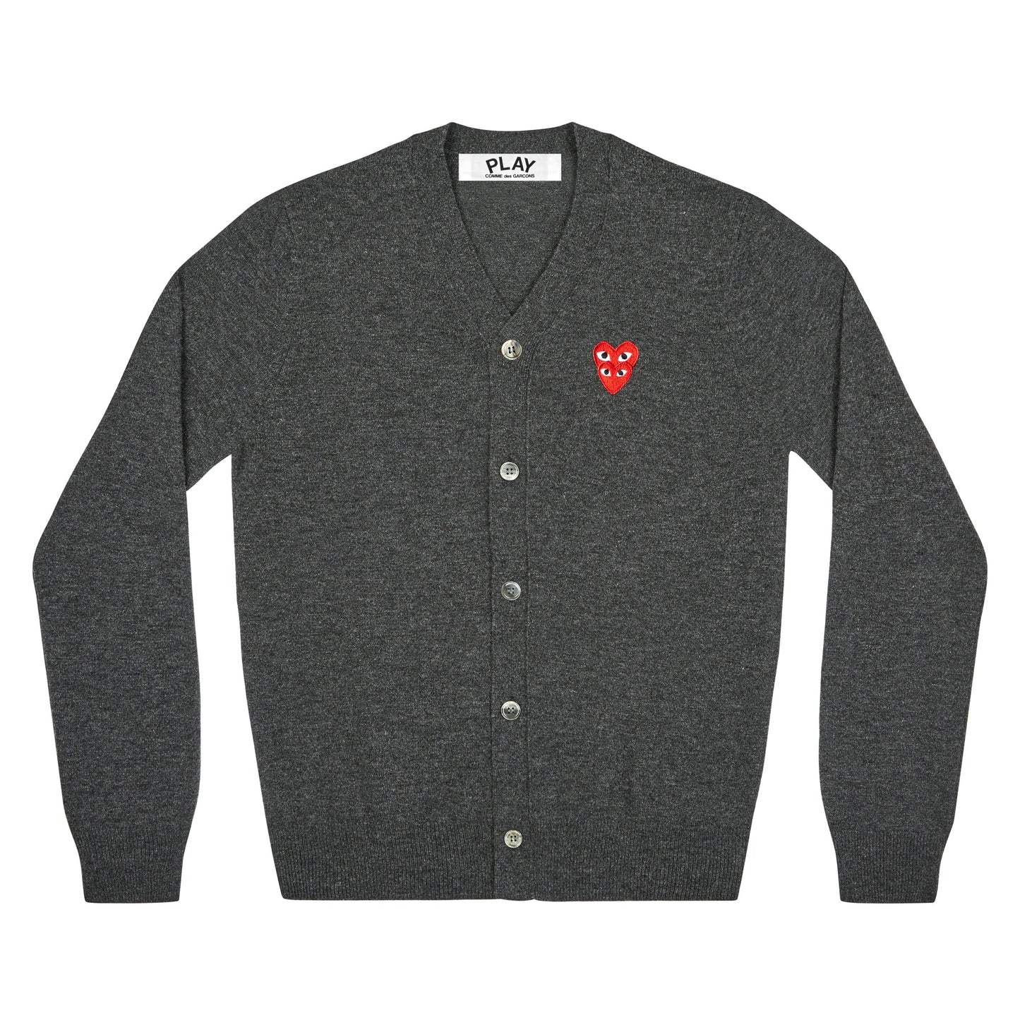 Comme des Garçons Play Double Heart Cardigan in Grey, style AZ-N076-051-2, front view