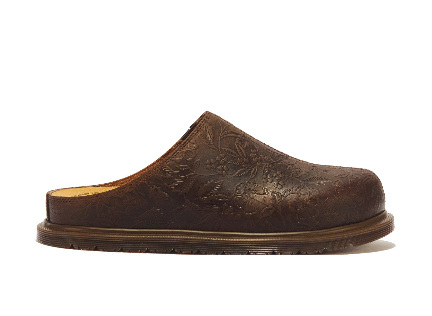 Dr. Martens San Floral Emboss Crazy Horse Leather Mule in Dark Brown side view