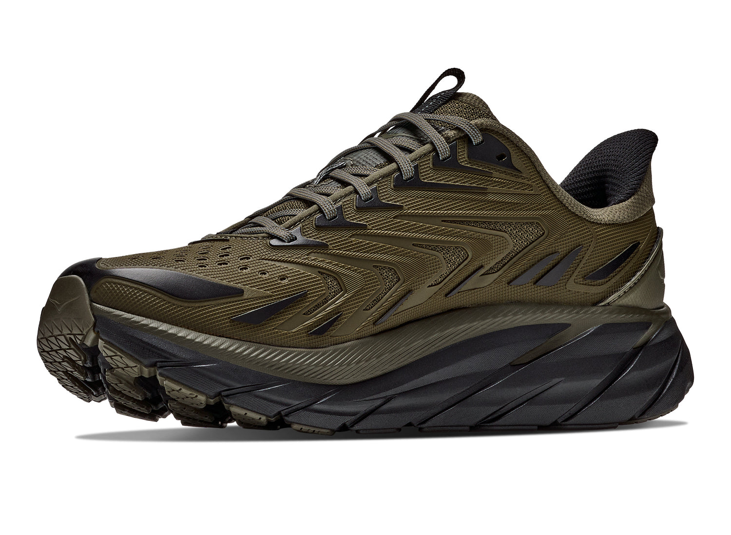 Hoka Clifton UTL in Antique Olive / Black – front three-quarter view