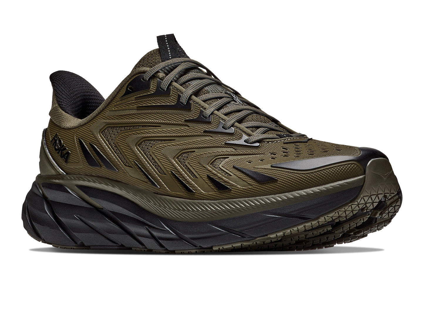Hoka Clifton UTL in Antique Olive / Black – rear three-quarter view