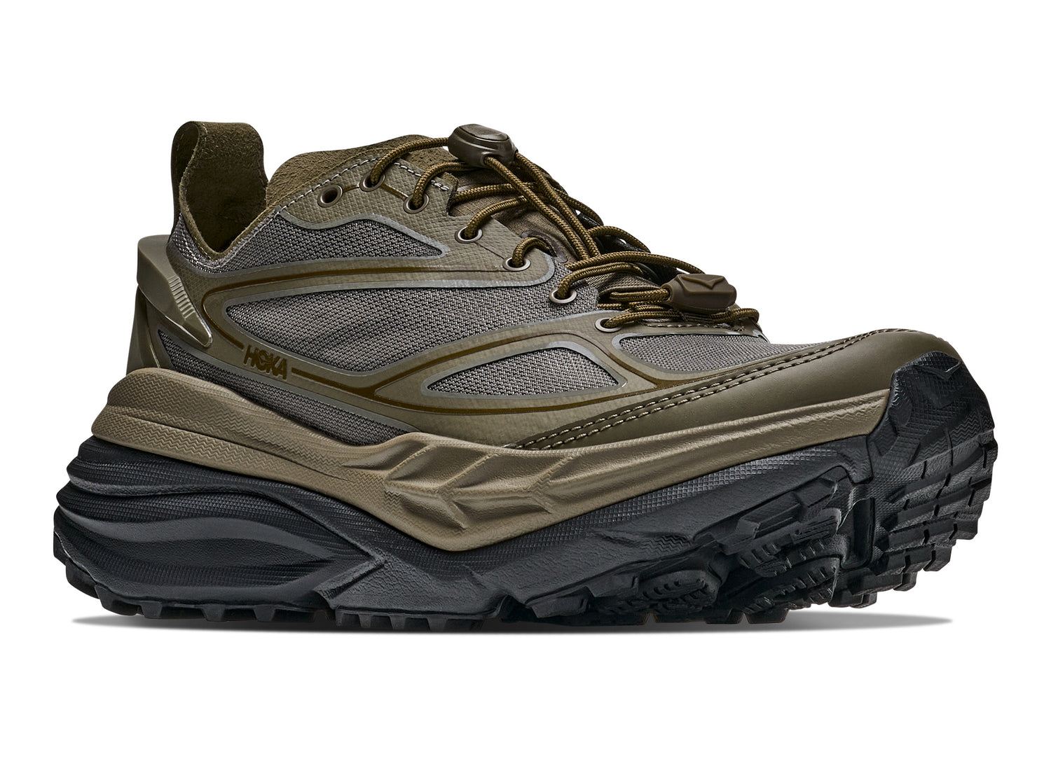 Hoka Stinson One7 in Antique Olive / Black – rear three-quarter view